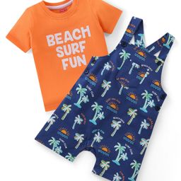 Babyhug Single Jersey Knit Beach Theme Printed Dungaree with Half Sleeves T-Shirt - Orange & Blue-image-30