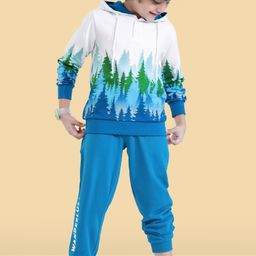 Ollington St. 100% Cotton Knit Full Sleeves Hooded Sweatshirt & Joggers Set with Forest Print - White & Blue-image-40