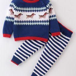 ToffyHouse 100% Cotton Knit Full Sleeves T-Shirt & Lounge Pants With  Puppy Design - Navy & White-image-63