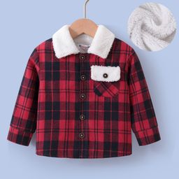 Kookie Kids Full Sleeves CheckeredFur Winter Jacket - Red & Black-picture-10