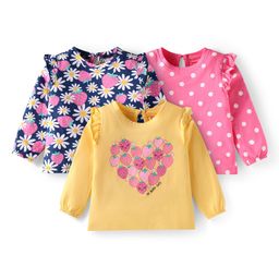 Babyhug Cotton Knit Full Sleeves Tops Floral & Polka Dots Print with Frill Detailing Pack of 3 - Blue Pink & Yellow-image-90