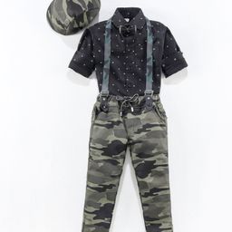 Dapper Dudes Full Sleeves Abstract Printed Shirt With Camouflage Design Trouser Suspender Bow & Cap - Olive-picture-44