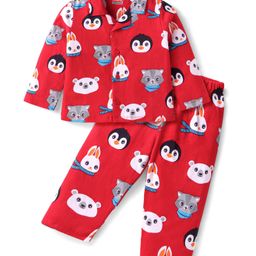 Babyhug Cotton Knit Full Sleeves Animal Printed Night Suit - Red-image-34
