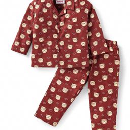 Babyhug Cotton Woven Full Sleeves Front Open Night Suit With Bear Print - Maroon-image-63