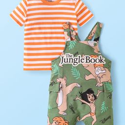 Babyhug Disney Single Jersey Knit Dungaree & Half Sleeves Striped T-Shirt With Jungle Book Graphics - Olive Green & Orange-image-23