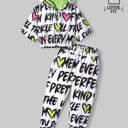 Ollington St. 100% Cotton Text Printed Half Sleeves Top with Hood & Cargo Joggers - White-image-63