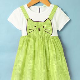 Dew Drops Cotton Woven Half Sleeves Polka Dots Printed Frock with Kitty Embroidery - Light Green-image-12