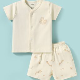 Zero Interlock Knit Half Sleeves Shorts Night Suit With Animal Print - Cream-image-99