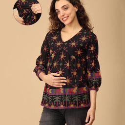 The Mom Store Cotton Three Fourth Puffed Sleeves Abstract Printed Maternity Top With Nursing Access - Black-image-99