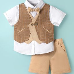 ToffyHouse Poplin Woven Half Sleeves 3 Piece Party Suits with Checks Print - White & Tan-image-50