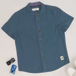 Pantaloons Junior Cotton Flax Half Sleeves Anchor Patch Detailed Shirt - Blue Fin-picture-8