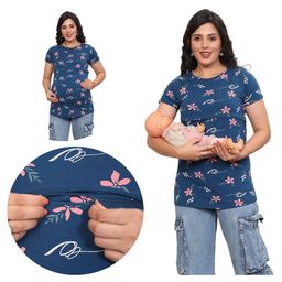 Mama & Bebe Soft Cotton Knit Half Sleeves Floral Printed Maternity Tee With Front Open Two Layer Lift Nursing Access - Navy Blue-image-98