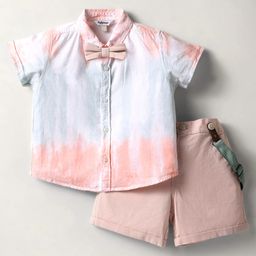 ToffyHouse Poplin Woven Half Sleeves Color Block Shirt & Shorts With Bow & Suspender - Light Pink-image-9