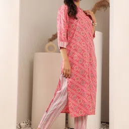 AADVIKA Floral Printed Mandarin Collar Khadi A-Line Kurta with Trouser image 4