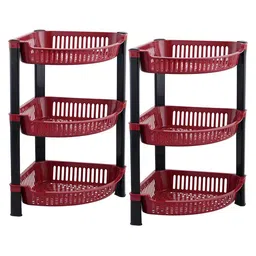 Kuber Industries Brown 2 Pieces 3 Tier Folding Plastic Fruit & Vegetable Basket Stands-97