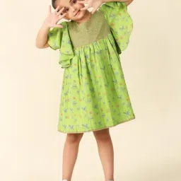 Fabindia Kids Lime Green Floral Print Dress-picture-45