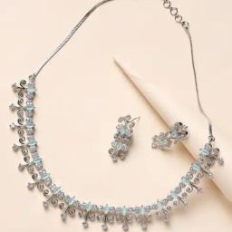 Aatmana Silver-Plated White & Sea Green AD-Studded Handcrafted Necklace & Earring Set-31