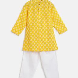 Campana Kids Yellow & White Printed Full Sleeves Kurta with Pyjamas-9