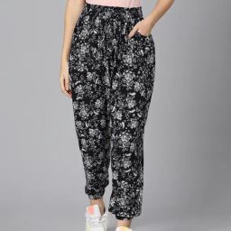 Oxolloxo Black & White Viscose Printed Mid Rise Joggers-image-114