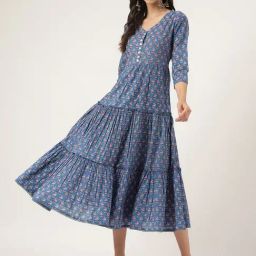 Divena Blue Cotton Floral Print A-Line Dress-image-19