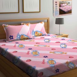 FABINALIV Pink & Blue Cartoon Characters 300 TC King Bedsheet with 2 Pillow Covers-74