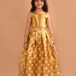 LilPicks Kids Gold Floral Print Blouse with Lehenga-image-65