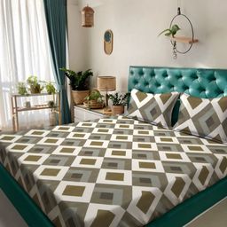 Aura White & Brown Geometric 300 TC King Bedsheet with 2 Pillow Covers-16