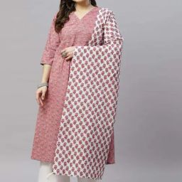 Miravan Pink Cotton Printed A Line Kurta With Dupatta-picture-1