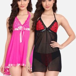 FIMS: Fashion is my Style Black & Fuchsia Lace Work Babydoll With Thong-picture-28