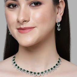 Karatcart Silver-Plated Green Cubic Zirconia Necklace Set for Women-image-15