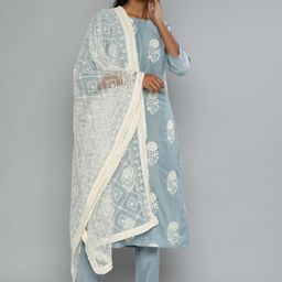 Kvsfab Women Grey & White Embroidered Regular Kurta with Trousers & Dupatta-picture-8