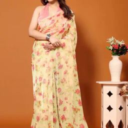 Satrani Green Floral Print Saree With Unstitched Blouse-image-49