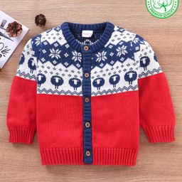 Babyhug 100% Organic Cotton Full Sleeves Intarsia Front Open Sweater - Navy Red-image-1
