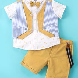 ToffyHouse 100% Woven Cotton Half Sleeves Shirt & Shorts Set With Suspenders & Waistcoat Striped- Yellow & Blue-image-14