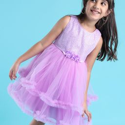 Babyhug Sleeveless Sequinned Party Frock With Floral Corsage- Lavender-image-27