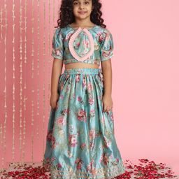 READIPRINT Puffed Half Sleeves Botanical Floral Printed Frilled Gota Lace Embellished Choli With Coordinating Lehenga - Blue-picture-1