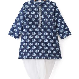 Babyhug 100% Cotton Woven Full Sleeves Kurta Dhoti Set Elephant Print - Indigo-image-86