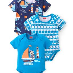 Babyhug 100% Cotton Knit Interlock Half Sleeves Onesies With Light House & Boat Pack Of 3 - Blue-image-23