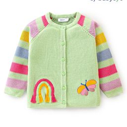 Babyoye Knitted Full Raglan Sleeves Front Open Sweater With Stripes & Butterfly Embroidery Detailing - Green-image-28