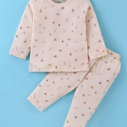 Zero Sinker Knit Full Sleeves Stars & Cars Printed Night Suit - Cream-picture-25