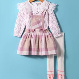 ToffyHouse Cotton Knit Checkered Frock & Full Sleeves Printed Inner Tee & Stockings - Pink-image-20