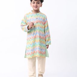 Babyhug Woven Full Sleeves Mirror Embellished Kurta Pyjama Set with Cheveron Print - Pink & Yellow-image-50