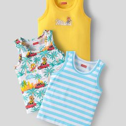 Babyhug 100 % Cotton Knit Sleeveless Sando with Stripes & Beach Theme Print Pack of 3 - Yellow & Light Blue-image-72