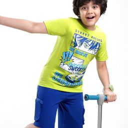 Ollington St. Cotton Knit Half Sleeves Comic Printed T-Shirt & Shorts Set - Lime Green & Royal Blue-image-3