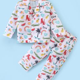 Rikidoos Cotton Woven Full Sleeves Doodle Art Printed Coordinating Night Suit Set - White-image-34