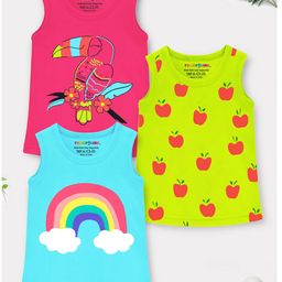 Trampoline Cotton Blend Pack Of 3 Sleeveless Rainbow & Apple Printed Tees - Green Blue & Pink-image-30