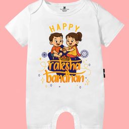 The Peppy Tend 100% Cotton Knit Rakshabandhan Theme Half Sleeves Happy Raksha Bandhan Text Printed Romper - White-image-80