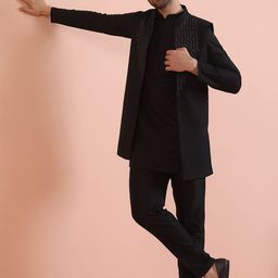 KISAH Mandarin Collar Straight Kurta With Embroidered Beads & Stones Jacket With Trousers-image-41