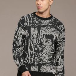 Men Self Design Round Neck Black Sweater-image-1