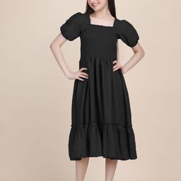 PaheliRani Puff Sleeve Crepe Formal Fit & Flare Dress-image-13
